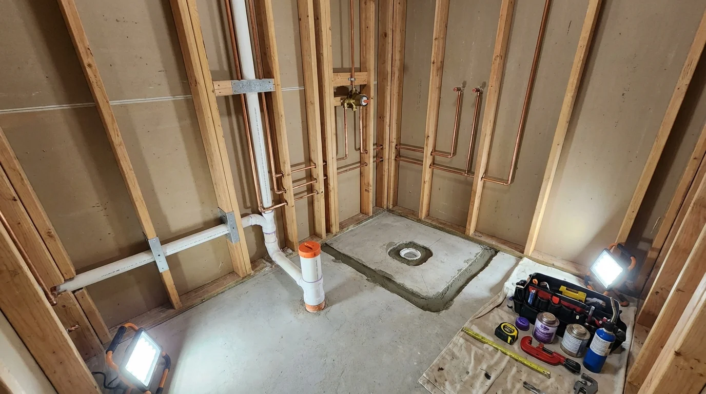 Bathroom rough-in plumbing during remodel by Johns Plumbing LLC in Iron Mountain