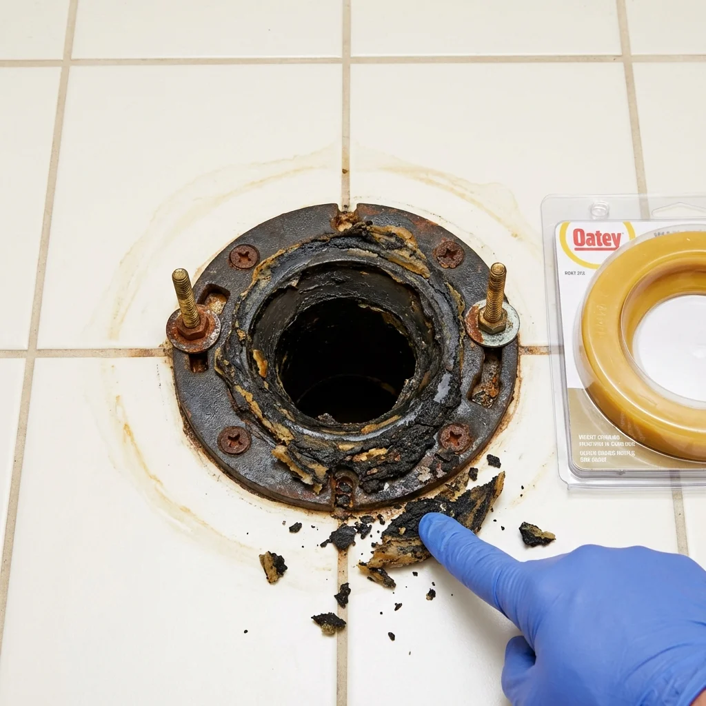 Failed wax ring showing water seepage at the base of a toilet in a Iron Mountain, MI home
