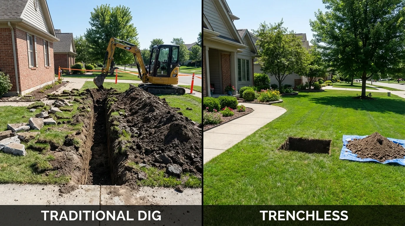 Trenchless sewer repair with minimal yard damage versus traditional excavation in Iron Mountain, MI
