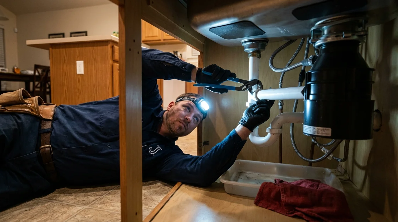 P-trap and supply line connections under a kitchen sink showing a common leak point in Iron Mountain, MI